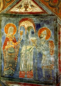Italie, Agnani, Cathedrale, Fresque de la crypte, Le sacrifice d'Abraham et de Melchisedeq (1240-1260)