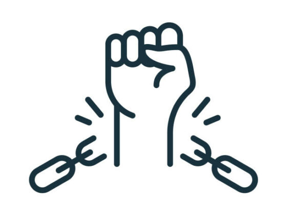 Freedom and Human Rights concept. Broken Shackles with Fist Raised Up Linear Icon. Chain of slavery Damaged. National Freedom Day Juneteenth. Editable stroke. Vector illustration.